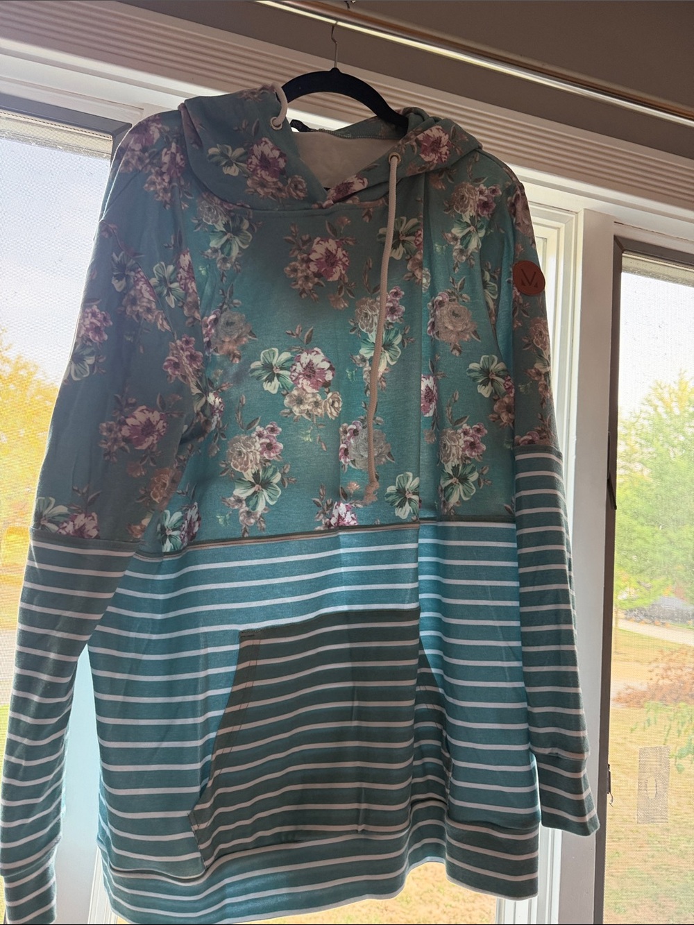 Michelle Mae Teal Floral & Striped Cowl Hoodie